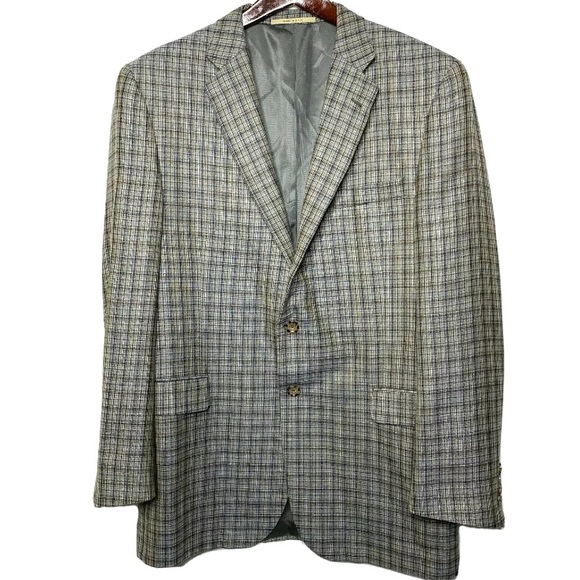 Burberry Gray Brown Blue Plaid Wool Silk Blazer Jacket